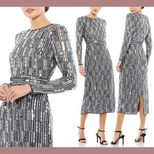 NWT $598 Mac Duggal [ 8 ] Embellished High Neck Long Sleeve Dress Charcoal S1046